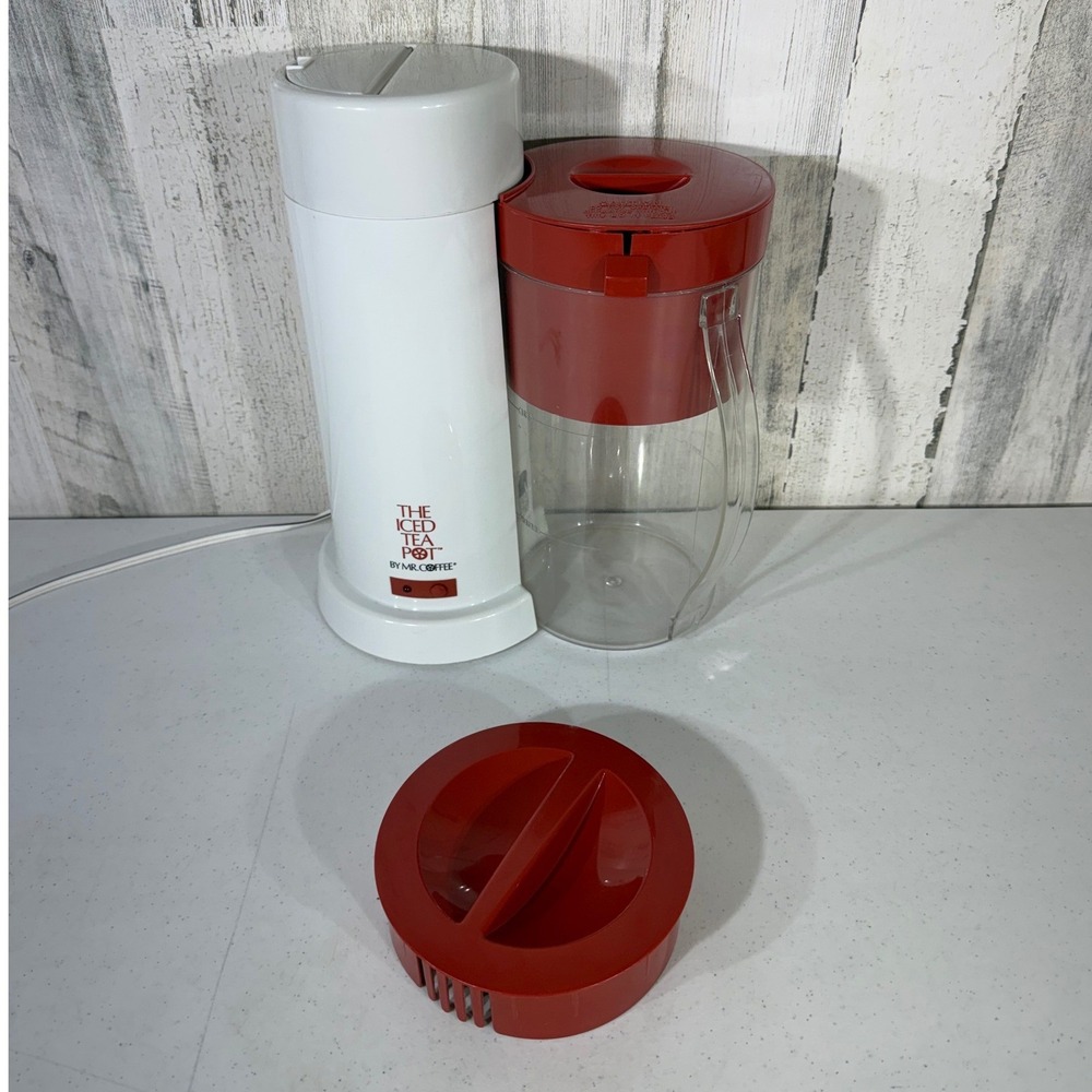 Mr Coffee Iced Tea Pot TM1 2 Qt White Red Vintage Electric Tea Maker Works READ